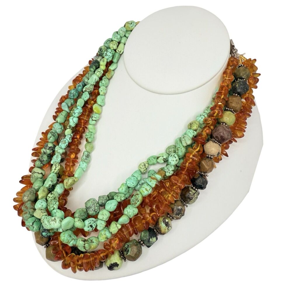 M Salazar 925 Sterling Silver Amber Turquoise Multistrand Statement Necklace 19" - Picture 2 of 16